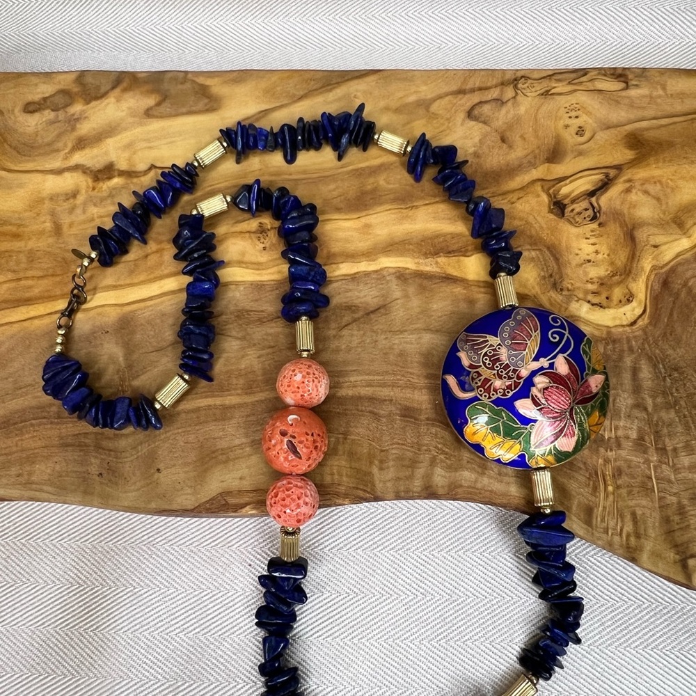 Lapis Lazuli Blue & Orange Sponge Coral Floral Cloisonné Pendant MJ Necklace - Picture 11 of 14